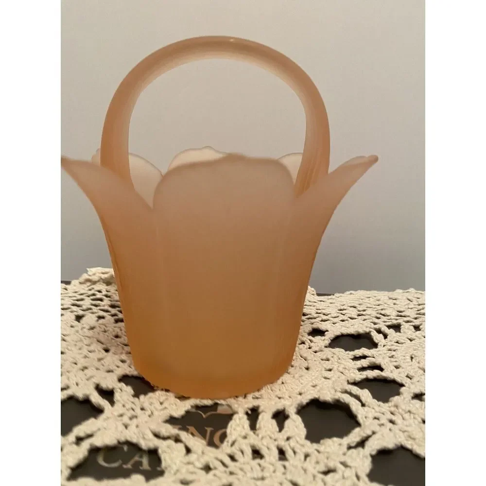 Vintage Mikasa Pink Satin Frosted Glass Tulip Basket Vase w/Handle Made In Japan